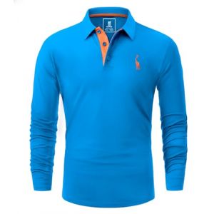 GLESTORE Polo Homme Manches Longues Polos Golf T-Shirt Broderie Girafe Casual Coton Shirt Bleu M (KFLY LOUNER, neuf)