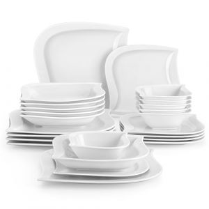 MALACASA Série ELVIRA 24 Pièces Service de Table en Porcelaine, Service de Vaisselle pour 6 Personnes avec 6 Assiettes Plates, 6 Assiettes à Dessert, 6 Assiettes Creuses et 6 Bols à Soupe, Blanc (MALACASA Online Store, neuf)