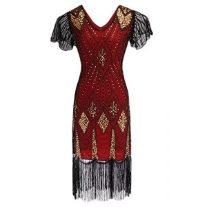 xxxiticat Robe vintage des ann&eacute;es 1920 pour femme - Robe &agrave; franges Gatsby &agrave; paillettes - Ourlet &agrave; pompons - Robe de cocktail, de bal de fin d'ann&eacute;e, de soir&eacute;e, de costume, Rouge-2, S (xxxiticat, neuf)