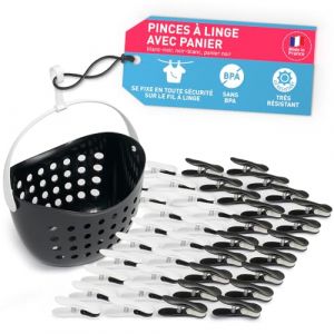 culiclean Pince a Linge Soft Clips – Panier Epingle a Linge – Fabriqué en France – Blanc-Noir avec Panier Noir – Lot de 40 Pinces + 1 Panier (ISC Brands, neuf)