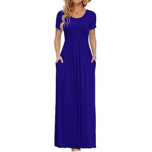 AUSELILY Femmes Maxi Robe Madame Manches Courtes été Casual Longue Robe avec Poches Bleu Royal M (JIOTANG EU, neuf)