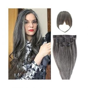 Extension a Clip Cheveux 10 pièces Extensions de cheveux humains à clips gris ombré avec frange épaisse et soyeuse Remy Extensions de cheveux à clipser 14 18 24 pouces Extensions de cheveux humains ré (zhangruiuk, neuf)