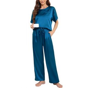 Nanxson Femmes Satin Pyjama Set Deux Pi&egrave;ces Pyjama Manches Courtes Pyjama avec Long Pyjama Pantalons Ensemble Soft Casual Wear(XL,Bleu fonc&eacute;) (Nasisa, neuf)