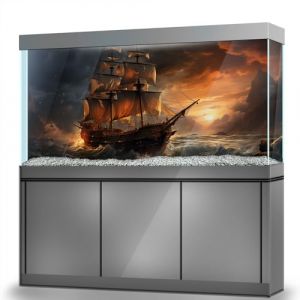 LYYAB Autocollants de fond pour aquarium - Bateau, oc&eacute;an, coucher de soleil, vagues, aquarium, reptile, terrarium (60 x 40 cm) (Lyyab, neuf)