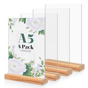 Lot de 4 Porte Affiche en Acrylique A5, Base en Bois T Forme Support Double Face Transparent, Cadre Photo en Plastique, Affichage de Menu Presentoir pour R&eacute;ception, Bureau, Magasin, Restaurant, H&ocirc;tel (DACORNE INDUSTRIE, neuf)