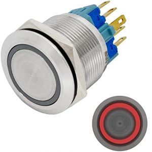Lumonic bouton poussoir plat en acier inox, diam&egrave;tre 22mm I Avec une LED annulaire rouge Dimensions: 2,8x0,5mm Pin s 250V 3A I R&eacute;sistant au vandalisme norme IP65 (IT-Tronics GmbH, neuf)