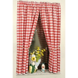 Yaland Lot de 2 rideaux opaques avec motif &agrave; carreaux, maison de campagne, avec embrasses, cordon de serrage et galon fronceur (H x l 140 x 80 cm, rouge) (Shang Store, neuf)