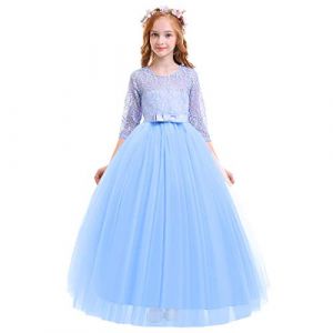 IWEMEK Enfants Fille Robe de Carnaval Princesse Longue en Dentelle avec Bowknot Demoiselle d'honneur Robe de Soirée Mariage Robe de Première Communion Anniversaire Fête Photographie 9-10 Ans (IWEMEK, neuf)