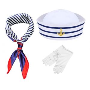 NebulaGlam Ensemble de Costume Capitaine Marin, 3 Pièces Ensemble Chapeau et Gants Écharpe de Marin à Rayures, Casquette de Navire de Marin, Taille Unique, pour Halloween Les Rave Parties (A) (JoeGoods, neuf)