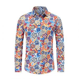 Sweat-shirt hippie pour homme ann&eacute;es 70 - Chemise hawa&iuml;enne &agrave; fleurs - Chemises hawa&iuml;ennes - Disco - Hip Hop - Chemise boutonn&eacute;e &agrave; fleurs - Chemise hawa&iuml;enne vintage - Manches longues - Chemise (⭐⭐⭐⭐⭐ZIWEIMAOYI, neuf)