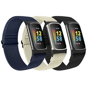 SOiiKE 3 Pièces Bracelet Compatibles avec Fitbit Charge 6/Charge 5, Bracelet de Remplacement Élastique Souple et Réglable Sport en Nylon pour Femmes Hommes (Huiqiao, neuf)