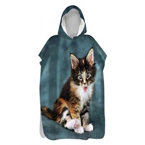 Hiseng Serviette Poncho de Surf &Agrave; Capuchon Poncho de Bain Chaton Imprim&eacute; Plage Serviette &agrave; Changement Adulte Ado Microfibre Peignoir Serviettes de Natation Poncho (Chaton Curieux,80x145cm) (Hiseng, neuf)