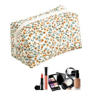 KGDUYC Sac &agrave; makeup matelass&eacute; floral, grande capacit&eacute; en coton doux pour pinceaux et ustensiles de beaut&eacute;, clean girl must have (jaune) (Qertyias O&Uuml;, neuf)