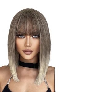 Perruque Femme Perruques ombr&eacute;es bleu clair &agrave; blanc, perruque courte et lisse avec frange for femmes, usage quotidien, f&ecirc;te(LC6218-1) (Jian Yi Shang Mao, neuf)