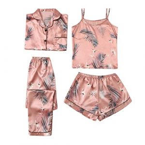 Ensembles de Pyjama Femme Satin Pyjama Femme 4 Pi&egrave;ces Printemps &Eacute;t&eacute; Ensemble Nuit en Satin avec Caraco Short Pantalon Long Chemise Boutonn&eacute;e Poche Poitrine Brod&eacute;e Lettre L&eacute;ger (02 Rose Gold, XXL) (Beythetly, neuf)