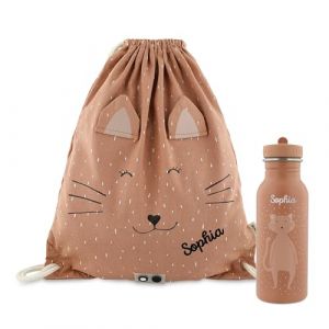 upstitch studio Trixie Sac à dos et gourde pour enfants, sac à dos de maternelle, sac à dos de kitard/gourde, personnalisable avec nom individuel ou en kit, chat, Set: Turnbeutel + Flasche 500ml, (upstitch studio, neuf)