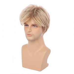 Perruque Blonde pour Homme, Perruque Blonde Courte en Couches, Taille Réglable, Perruque Blonde Courte avec Bonnet de Perruque pour Usage Quotidien, Halloween, Cosplay, (Guariwen, neuf)