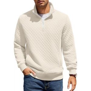 COOFANDY Hommes Chemise &agrave; Col Montant Sweatshirt &agrave; Manches Longues Hiver Col Montant Sweatshirt Coupe R&eacute;guli&egrave;re Pull 1/4 Fermeture &Eacute;clair Chaud avec Poche Blanc XXL (COOFANDY EU, neuf)