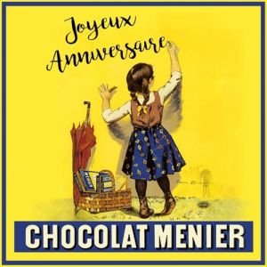 IETSCPMD10330 Carte Joyeux ANNIVERSAIRE CHOCOLAT MENIER Licence officielle Petite Fille &eacute;coli&egrave;re qui &eacute;crit sur un mur jaune R&eacute;tro - Avec Enveloppe Blanche Format 15x15 cm - Fabriqu&eacute; en France (A.F.W., neuf)