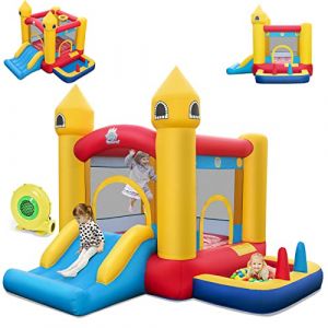 COSTWAY Château Gonflable 6 en 1 Enfants avec Souffleur 480W, Maison de Saut Gonflable en Tissu Oxford avec Piscine à Balles, Panier de Basket, Toboggan, 50 Balles pour Jardin Pelouse Fête, 3-10 Ans (FDS GmbH, neuf)
