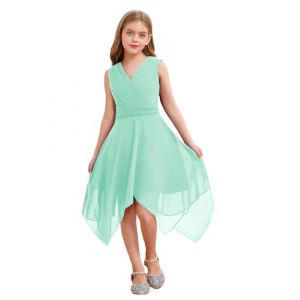 YiZYiF Enfant Fille Robe Princesse Habillée Mousseline Robes de Mariage Soirée Cocktail Cérémonie Asymétrique Col V sans Manches Robe Demoiselle d'honneur 7-16 Ans Menthe Verte 13-14 Ans (Shifang, neuf)