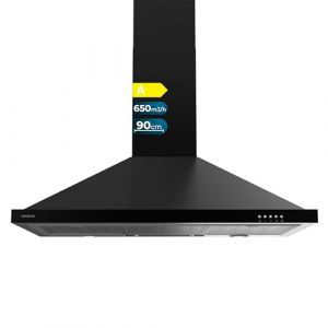 Cecotec Hotte aspirante 90 cm Pyramidale Bolero Flux PM 906500 Black A. Moteur 165 W, Finition noire, Aspiration 650 m3/h, Commande m&eacute;canique, 3 niveaux de puissance, Lumi&egrave;re et Filtre &agrave; charbon (Cecotec, neuf)