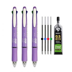 MROOFUL Stylo à bille 5 en 1 - Pointe moyenne 1,0 mm - Multicolore - Porte-mine 0,5 mm - 4 couleurs - Stylo multifonction - Multipack de 3 stylos à bille rétractables (violet) (MROOFUL, neuf)