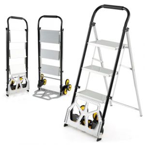 COSTWAY Diable Pliable et &Eacute;chelle 2 en 1, Escabeau en Aluminium &agrave; 3 Marches avec P&eacute;dales Antid&eacute;rapantes, Chariot Portable avec Roues en Caoutchouc pour Maison, Entrep&ocirc;t, Bureau, Charge 250 kg (FDS GmbH, neuf)