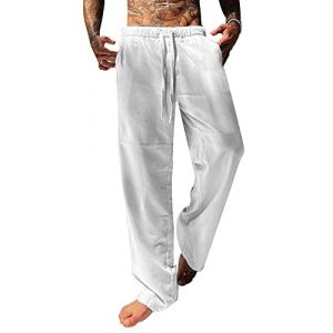 YAOBAOLE Pantalon Homme Pantalon Lin Homme Blanc Taille Elastique Pantalon Blanc Homme Chic Pantalon Yoga Homme Lin Blanc 2XL (YBLfashion, neuf)