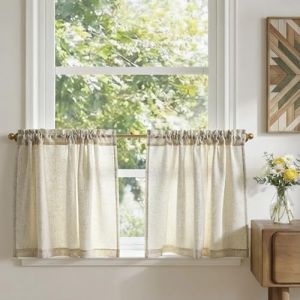 TOPICK Rideau Cuisine Court Brise Bise, Beige 90L x 60H(cm) 2 Panneaux &agrave; Passe Tringle Petit Rideau, pour Fen&ecirc;tre Placard Meuble Bas Chambre Cache Evier，en Effet L&eacute;gers (Audrey Home Fashion, neuf)