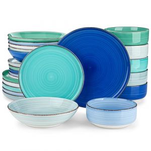 vancasso Série BONITA Assiette Service de Table 24 Pièces pour 6 Personas, Bas Désign Plat en Grès - 6 Assiettes Plates, 6 Assiettes à Salade, 6 Bols à Pâtes et 6 Bols, Bleu Couleur Froide (vancasso Ceramic Art, neuf)