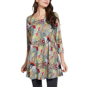 Enmain Tunique Femme Manche Longue 3/4 Grande Taille Chic et &Eacute;l&eacute;gante Chemisier Haut Ample Hiver Imprim&eacute;e Col Rond T-Shirt Blouse Gris & Jaune XL (ELOOKEUR, neuf)