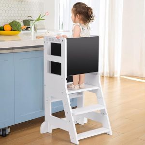 Tour d'apprentissage pour Enfants avec 3 Hauteurs Réglables, Tour d'Observation Montessori, Tableau Blanc Magnétique & Tableau Noir Amovible avec Craies à Partir de 18 Mois (Gurnt, neuf)