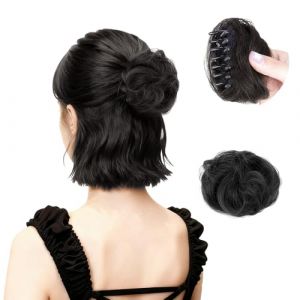 ZHAOCAI Postiches en cheveux humains avec pince - Postiche chignon Messy Bun - Postiche pour cheveux fins - Clip en pince - Queue de cheval ondul&eacute;e - Chignon d&eacute;sordonn&eacute; (JIQIKEJI, neuf)