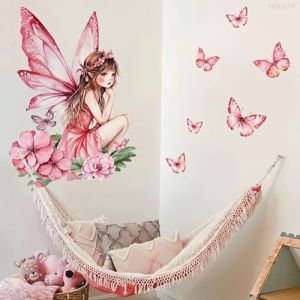 Autocollants muraux Flower Fairy pour chambre de fille, papier peint floral rose, d&eacute;cor mural papillons pour chambre de b&eacute;b&eacute;, salle de jeux (Wofeu, neuf)