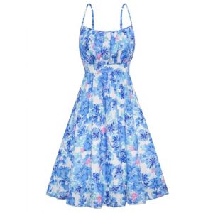 GRACE KARIN Robe de Soirée à Motif Floral pour Femme Robe Sexy à Bretelles Spaghetti Robe Trapèze sans Manches Robe Décontractée XL Fleurs Bleus sur Blanc (Zexxxy, neuf)