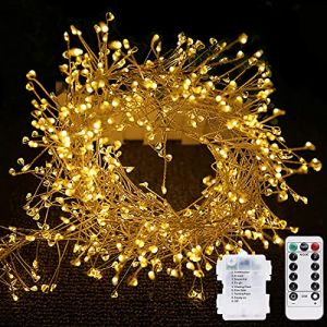 DINOWIN Guirlande lumineuse LED avec T&eacute;l&eacute;commande 19.68Ft 200LED P&eacute;tards Lumi&egrave;res a Pile 8 Modes Lumi&egrave;res de Feux d'Artifice pour chambre, Halloween, No&euml;l (Blanc chaud) (DinowinDirect, neuf)
