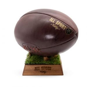 ALL SPORT VINTAGE - Ballon De Rugby Et Socle Gazon - Chocolat - Cuir De Vachette - Cousu Main - Marque Française (ALL SPORT VINTAGE, neuf)