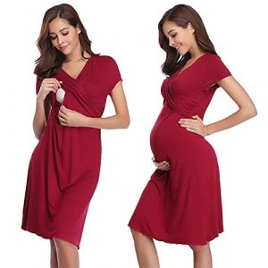 Irdcomps Chemise de Nuit Maternit&eacute; Femme Coton Robe Patineuse Maternit&eacute; d'allaitement Robes V&ecirc;tements Grossesse Allaitement Pyjama &agrave; Manches Courtes Vin Rouge M (FanJiaShang-EU, neuf)