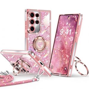 XYZ pour Samsung Galaxy S25 Ultra Coque avec Bande, Coque de T&eacute;l&eacute;phone Portable avec C&oelig;ur Double Anneau Support, Coque de Protection Luxueuse &agrave; Strass Scintillants pour Samsung S25 Ultra, Rose (XYZ Direct, neuf)
