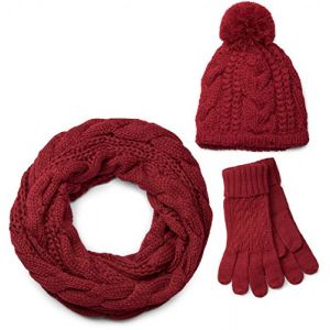 styleBREAKER Ensemble compos&eacute; d'une &eacute;charpe, d'un bonnet et de gants, &eacute;charpe loop avec motif tricot&eacute;, bonnet &agrave; pompon et gants, femmes 01018208, couleur:Bordeaux-rouge/&eacute;charpe-tube (styleBREAKER, neuf)