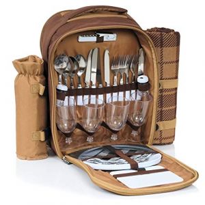 CampFeuer Sac de Pique-Nique pour 4 Personnes | Marron | Set de Pique-Nique à 32 pièces | avec Porte-Bouteilles et Couverture en Polaire, Compartiment réfrigérant, Vaisselle et Couverts (CS Trading, neuf)
