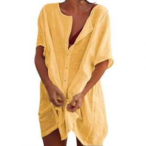 Robe de Plage Femme &Eacute;t&eacute;, Tunique de Plage &Eacute;l&eacute;gante, Chemise Manche Courte de Plage en Coton, Cache Maillot de Bain, Robe Longue Femme Grande Taille S-8XL (A0a4-Yellow, XXXXXXXL) (CIKEdiudf, neuf)