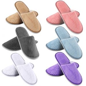 Lot de 6 paires de pantoufles multicolores pour invit&eacute;s et h&ocirc;tel : taille universelle 40-44 Pantoufles en tissu &eacute;ponge avec ferm&eacute;s, lavables et antid&eacute;rapants, en polaire corail pour spa, f&ecirc;te, invit&eacute;s (KAROULLA, neuf)