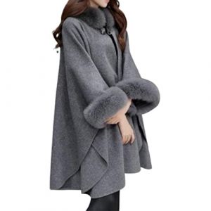 SARGE Femmes Cape Manteau Couleur Unie col en Fausse Fourrure Automne Hiver Chaud Ample mi-Long Poncho Manteau (XIANGCHAOBAIHUO, neuf)