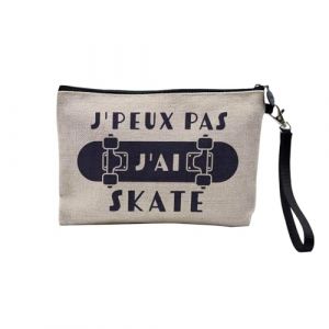 Pochette en Lin - J'Peux Pas J'Ai Skate Skateboard Half Pipe - Trousse Maquillage en Toile Aspect Lin - Trousse de Toilette - 23,5 x15 cm (FabulousBOUTIK, neuf)