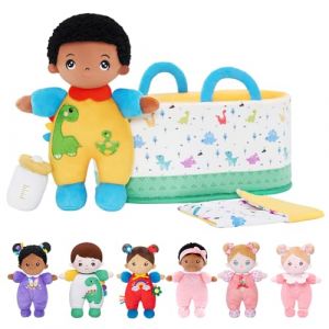 OUOZZZ Poup&eacute;e pour b&eacute;b&eacute; avec sac de transport et accessoires de poup&eacute;e, 25 cm, poup&eacute;e africaine douce dinosaure en tissu doux, pour enfants &agrave; partir de 3 mois, cadeau de naissance pour gar&ccedil;on et fille (Ouozzz Shop, neuf)