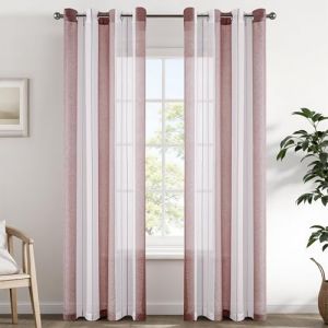 EMEMA Rideaux rayés Transparent avec œillets Voile Salon Moderne Set de 2 Rideaux Chambre à Coucher Transparent avec Motif Rideau Semi-Transparent Rayures 140 x 245cm Blancs et Rose Foncé (EMEMA HOME, neuf)