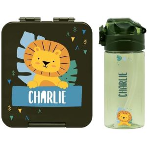 BIENMARQUER - Coffret avec gourde personnalisable pour enfants et boîte à goûter personnalisée en plastique pour enfants - Gourde avec paille, capacité 450 ml - 100% sans BPA (Vert armée) (bienmarquer, neuf)