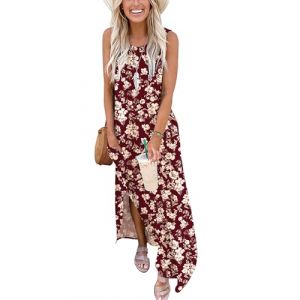 AUSELILY Robe Longue Femme Ete sans Manches Robe de Plage Maxi Casual Femme Longue avec Poches Fleur Feuilles Rouge S (AUSELILY FASHION, neuf)